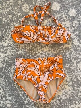 Kona Sol Orange Floral Bandeau Bikini with Crisscross Straps